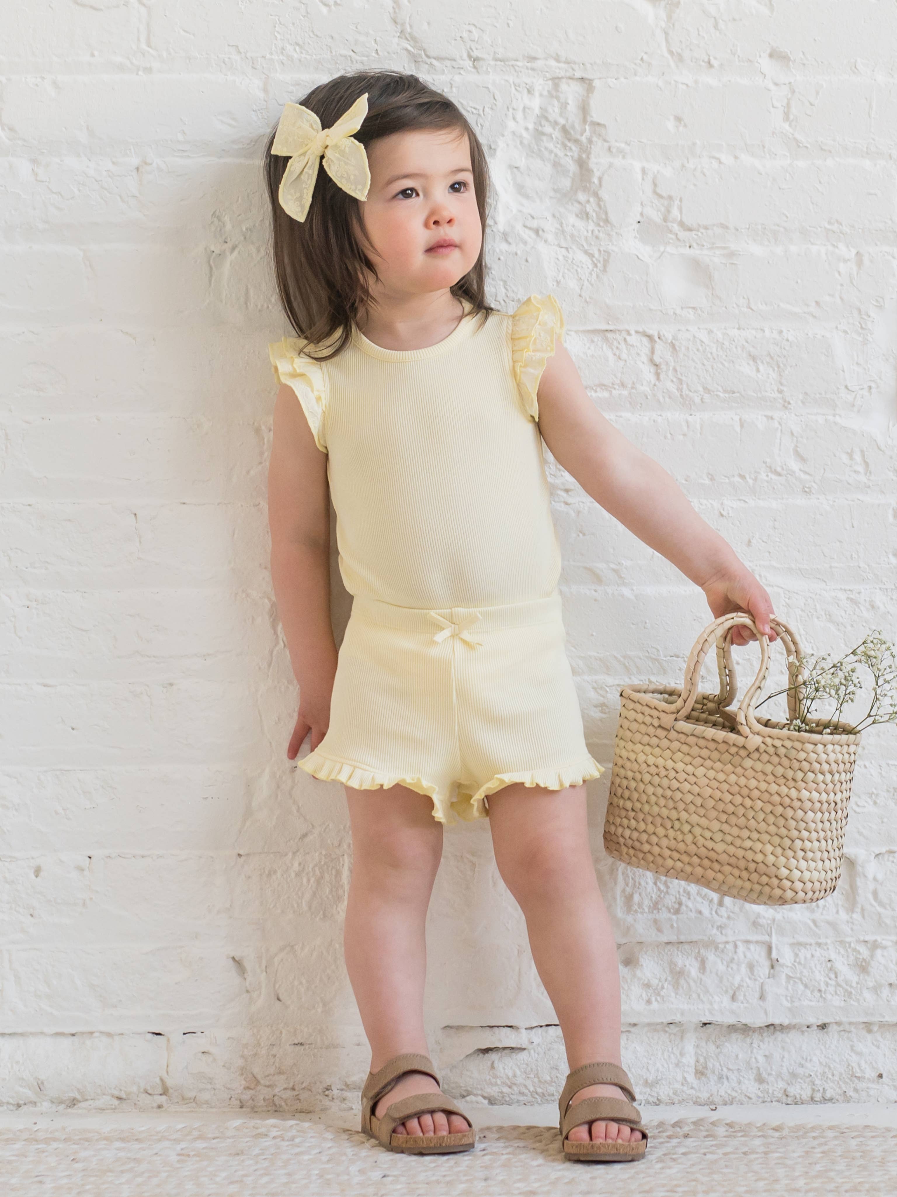 Maggie Ribbed SS Bodysuit with Eyelet Ruffle - Butter