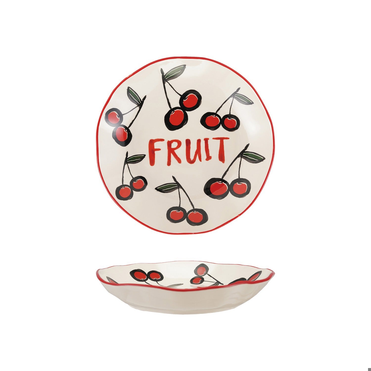 Stoneware Bowl W Colored Rim & Cherries