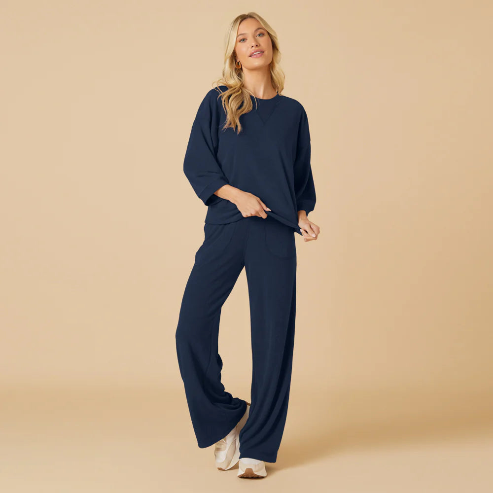 Terry Cropped Sleeve Crew Neck with Wide Leg Pant