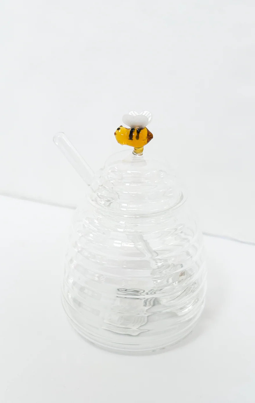 Glass Honey Pot w Bee Figure/ Honey Dipper