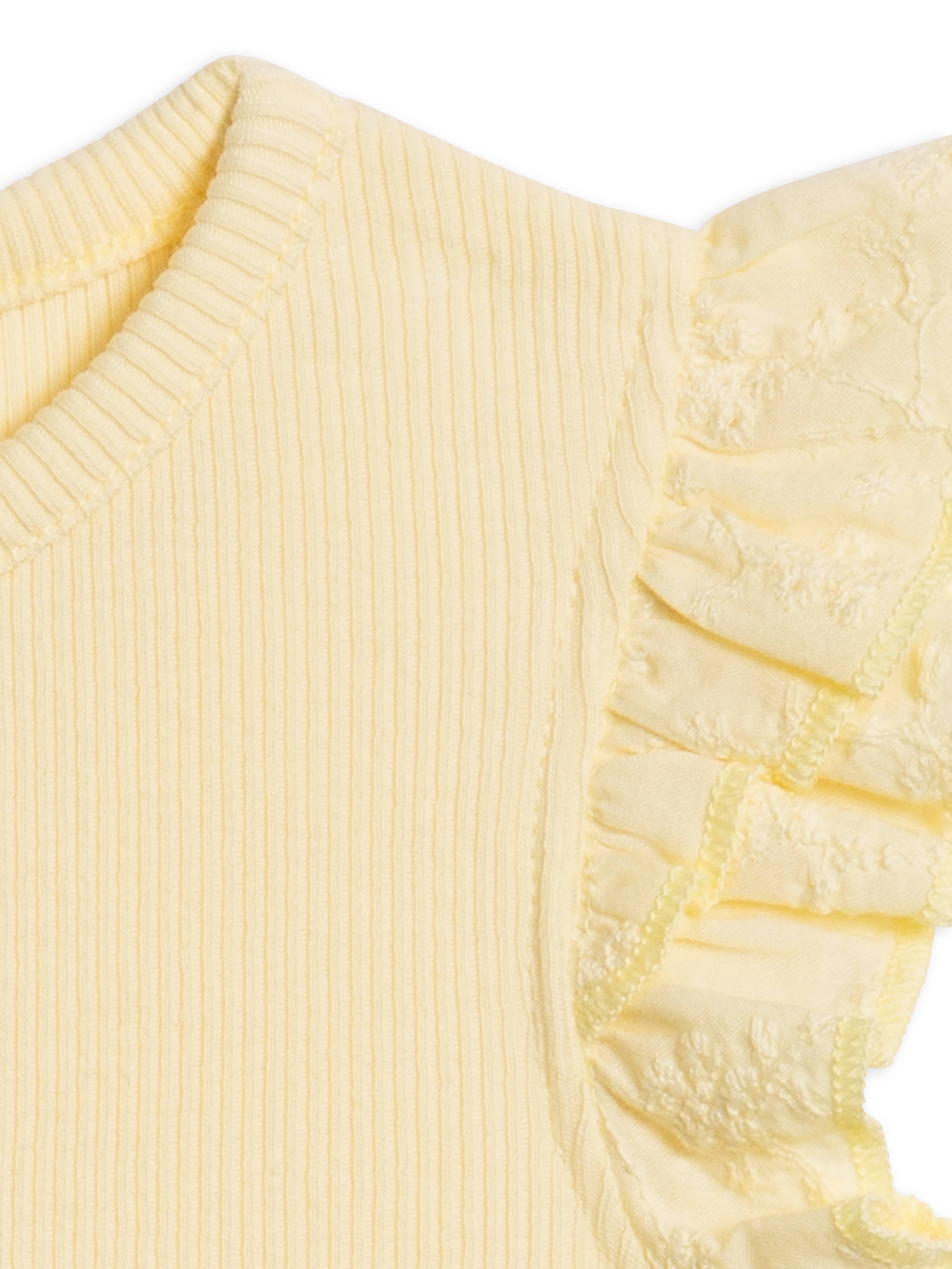 Maggie Ribbed SS Bodysuit with Eyelet Ruffle - Butter