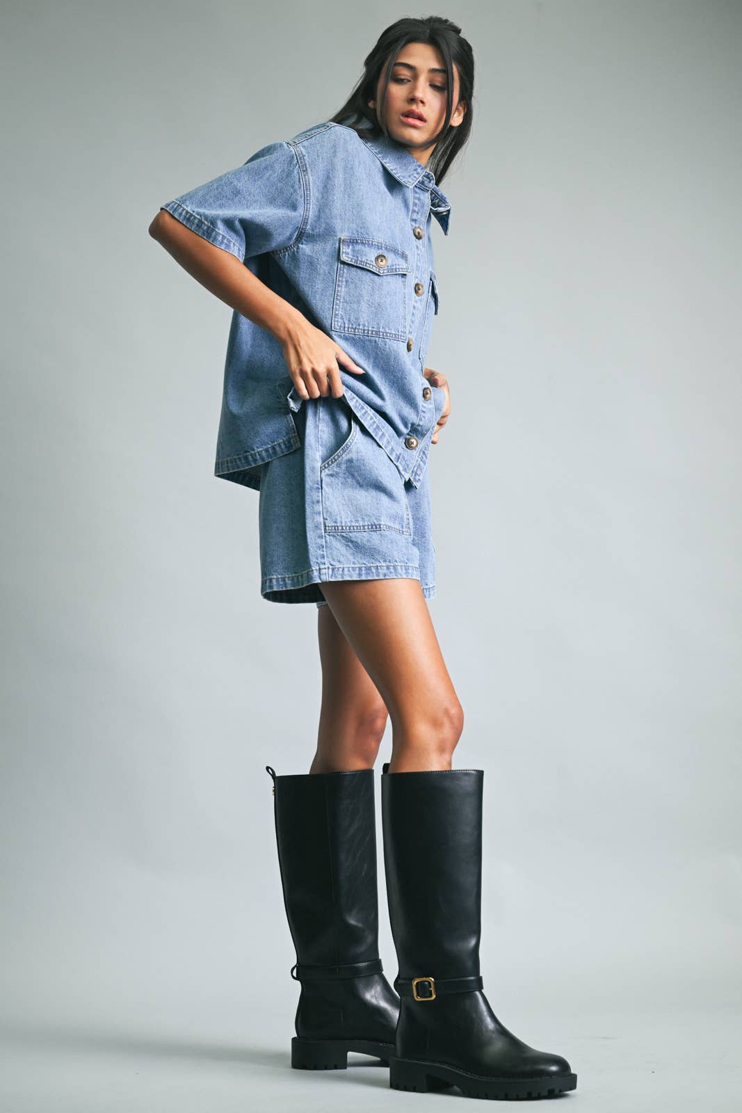 Denim short with drawstring
