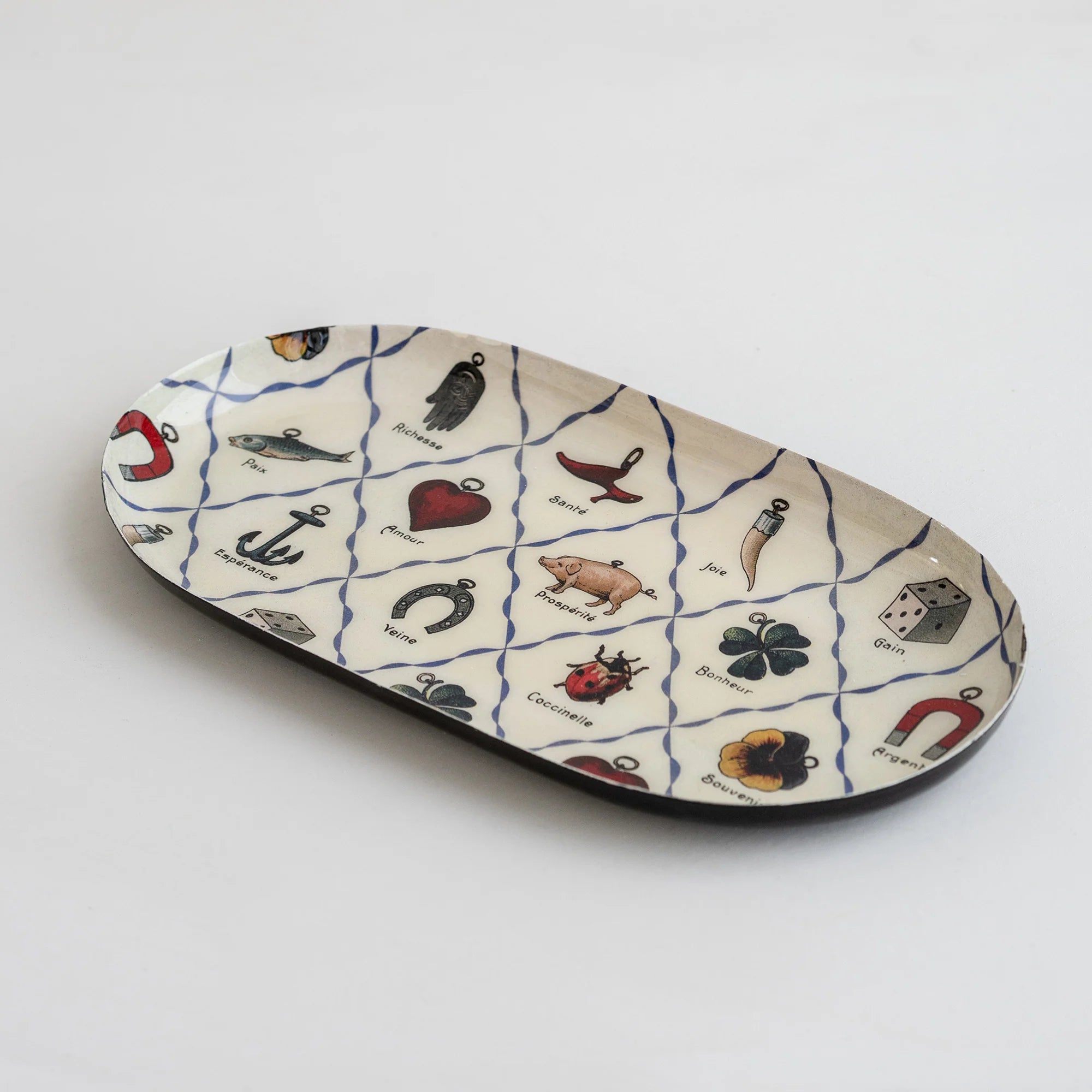 Oval Enamel Tray, Charms