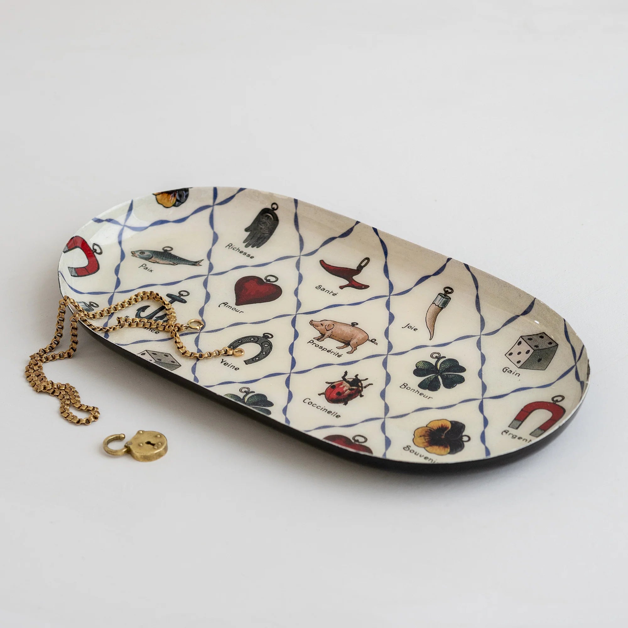 Oval Enamel Tray, Charms