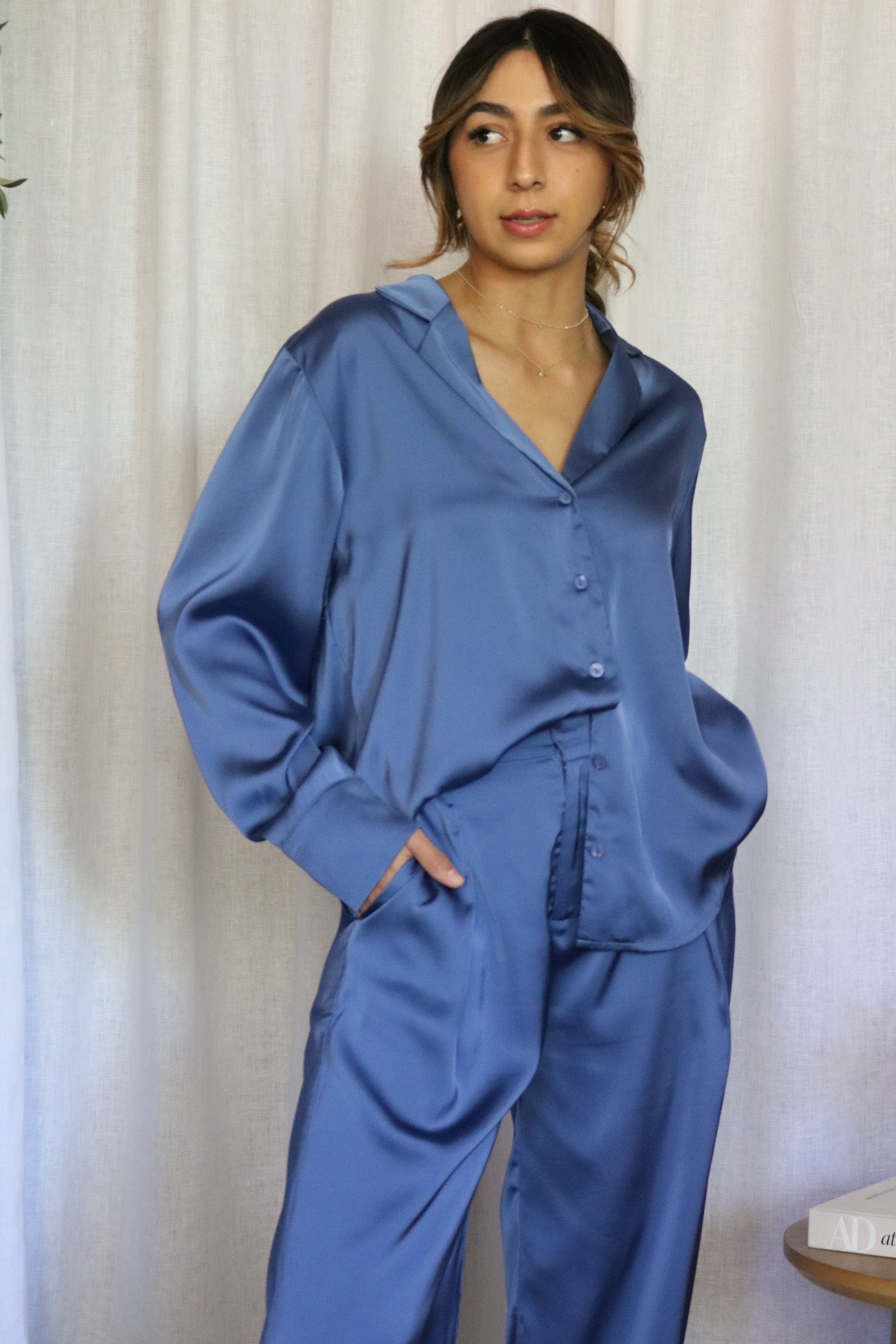 Ocean Satin Blue Button Down